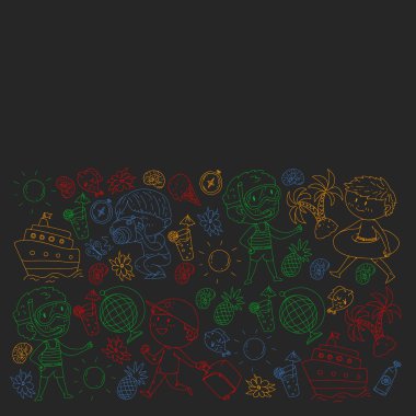 Çocuklarla yaz simgeleri kümesi. Çocuklar yüzme maskesi ve palet, şişme halka ile yüzmek, plajda güneşlenmek, fotoğraf çekmek.