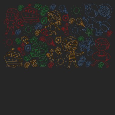 Çocuklarla yaz simgeleri kümesi. Çocuklar yüzme maskesi ve palet, şişme halka ile yüzmek, plajda güneşlenmek, fotoğraf çekmek.