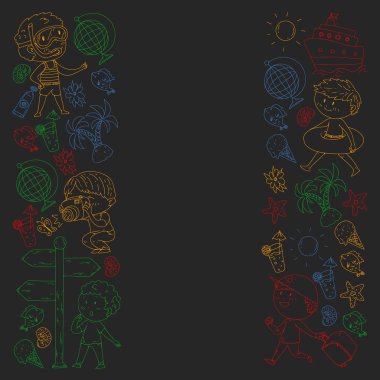 Çocuklarla yaz simgeleri kümesi. Çocuklar yüzme maskesi ve palet, şişme halka ile yüzmek, plajda güneşlenmek, fotoğraf çekmek.