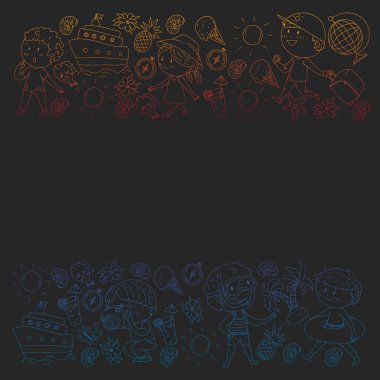 Çocuklarla yaz simgeleri kümesi. Çocuklar yüzme maskesi ve palet, şişme halka ile yüzmek, plajda güneşlenmek, fotoğraf çekmek.