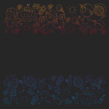 Çocuklarla yaz simgeleri kümesi. Çocuklar yüzme maskesi ve palet, şişme halka ile yüzmek, plajda güneşlenmek, fotoğraf çekmek.