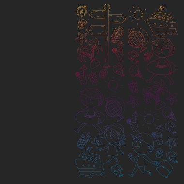 Çocuklarla yaz simgeleri kümesi. Çocuklar yüzme maskesi ve palet, şişme halka ile yüzmek, plajda güneşlenmek, fotoğraf çekmek.