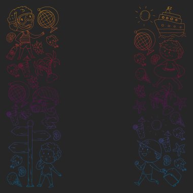 Çocuklarla yaz simgeleri kümesi. Çocuklar yüzme maskesi ve palet, şişme halka ile yüzmek, plajda güneşlenmek, fotoğraf çekmek.