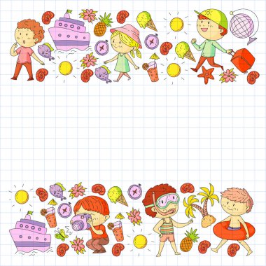 Çocuklarla yaz simgeleri kümesi. Çocuklar yüzme maskesi ve palet, şişme halka ile yüzmek, plajda güneşlenmek, fotoğraf çekmek.