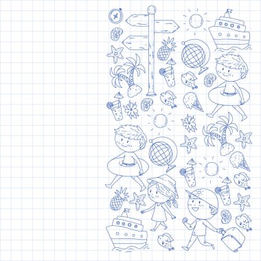 Çocuklarla yaz simgeleri kümesi. Çocuklar yüzme maskesi ve palet, şişme halka ile yüzmek, plajda güneşlenmek, fotoğraf çekmek.