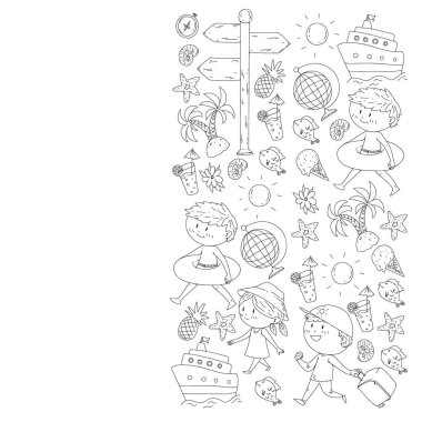 Çocuklarla yaz simgeleri kümesi. Çocuklar yüzme maskesi ve palet, şişme halka ile yüzmek, plajda güneşlenmek, fotoğraf çekmek.