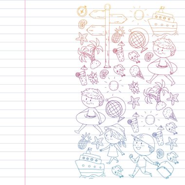 Çocuklarla yaz simgeleri kümesi. Çocuklar yüzme maskesi ve palet, şişme halka ile yüzmek, plajda güneşlenmek, fotoğraf çekmek.