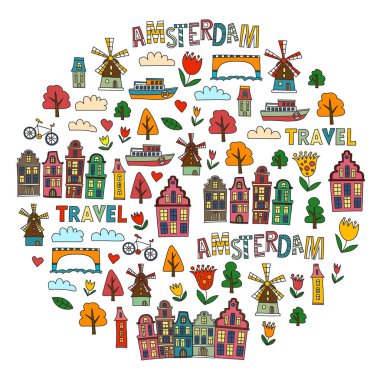 Holland, Hollanda, Amsterdam simgeler vektör desen. Doodle stili.