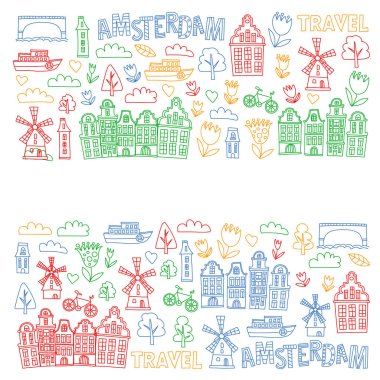 Holland, Hollanda, Amsterdam simgeler vektör desen. Doodle stili.