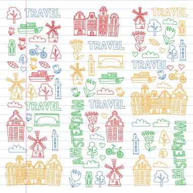 Holland, Hollanda, Amsterdam simgeler vektör desen. Doodle stili.
