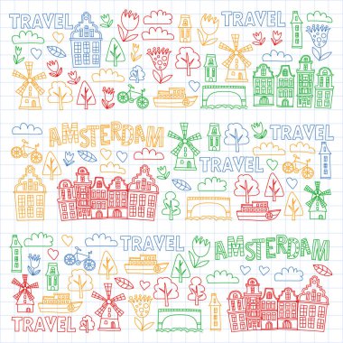 Holland, Hollanda, Amsterdam simgeler vektör desen. Doodle stili.