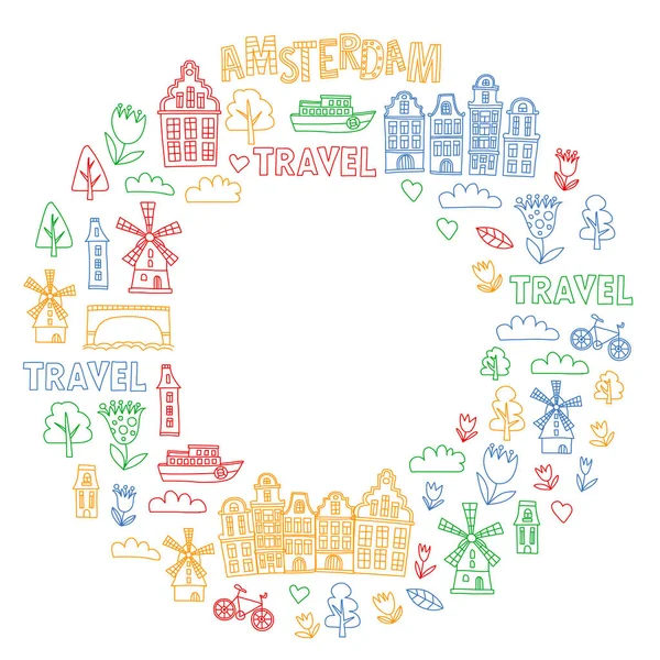 Vektormuster mit holländischen, niederländischen und amsterdam-Symbolen. Doodle-Stil. — Stockvektor