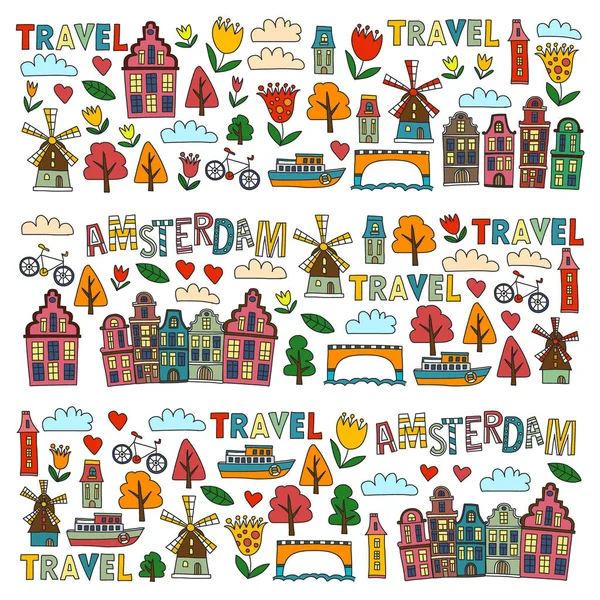 Patrón vectorial con Holanda, Países Bajos, Amsterdam iconos. Estilo Doodle . — Archivo Imágenes Vectoriales