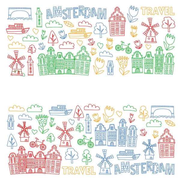 Vektormuster mit holländischen, niederländischen und amsterdam-Symbolen. Doodle-Stil. — Stockvektor