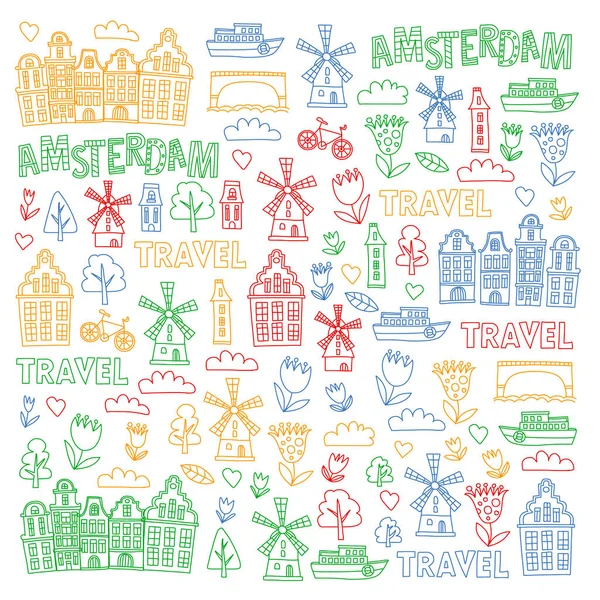 Vektormuster mit holländischen, niederländischen und amsterdam-Symbolen. Doodle-Stil. — Stockvektor