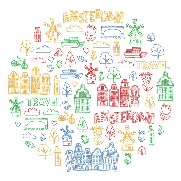 Vector patroon met Holland, Nederland, Amsterdam pictogrammen. Doodle stijl. — Stockvector