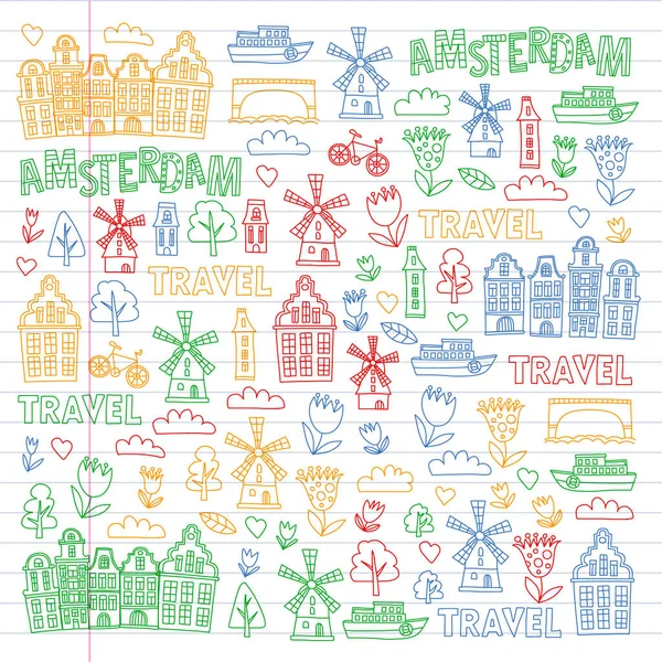 Patrón vectorial con Holanda, Países Bajos, Amsterdam iconos. Estilo Doodle . — Vector de stock