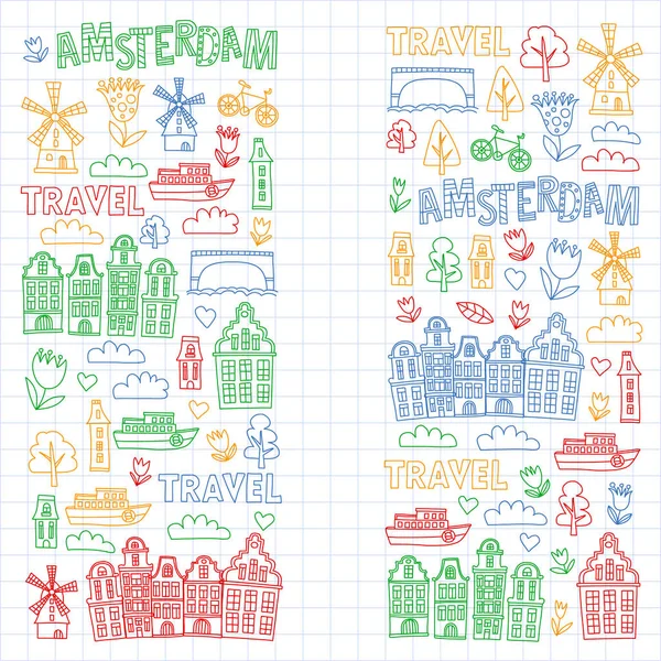 Vector patroon met Holland, Nederland, Amsterdam pictogrammen. Doodle stijl. — Stockvector