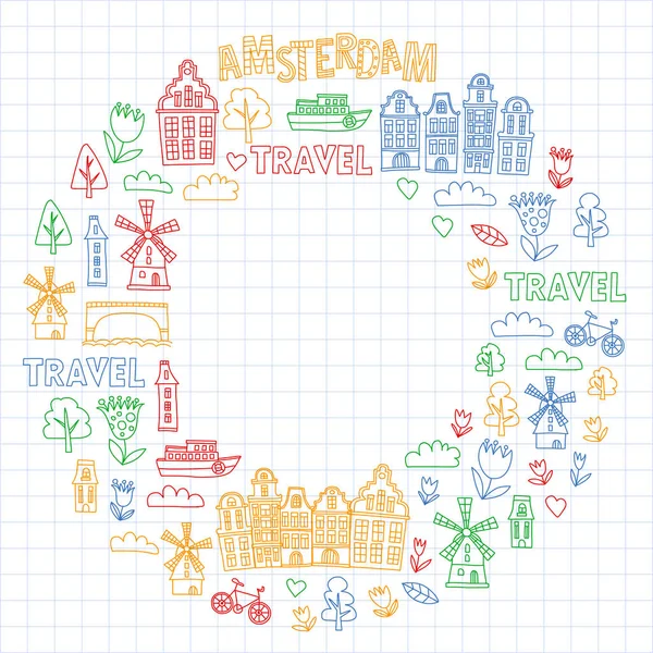 Vektormuster mit holländischen, niederländischen und amsterdam-Symbolen. Doodle-Stil. — Stockvektor