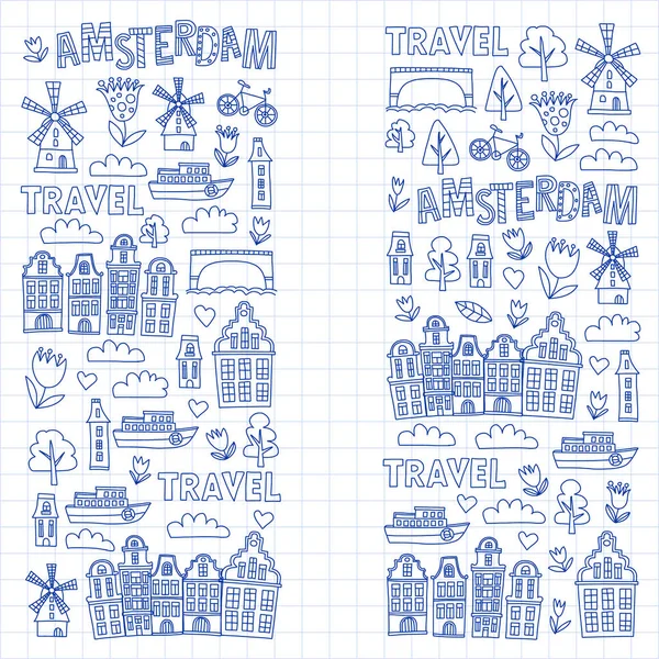 Vector patroon met Holland, Nederland, Amsterdam pictogrammen. Doodle stijl. — Stockvector