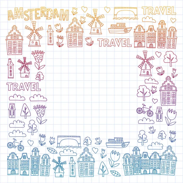 Vektormuster mit holländischen, niederländischen und amsterdam-Symbolen. Doodle-Stil. — Stockvektor