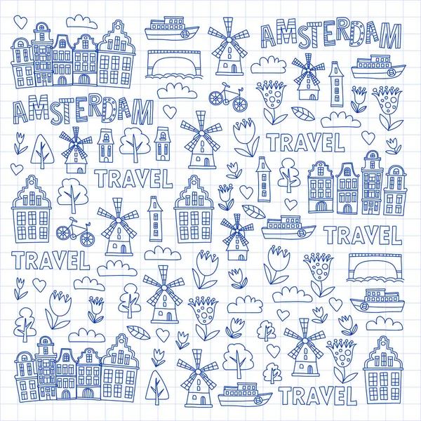 Vector patroon met Holland, Nederland, Amsterdam pictogrammen. Doodle stijl. — Stockvector