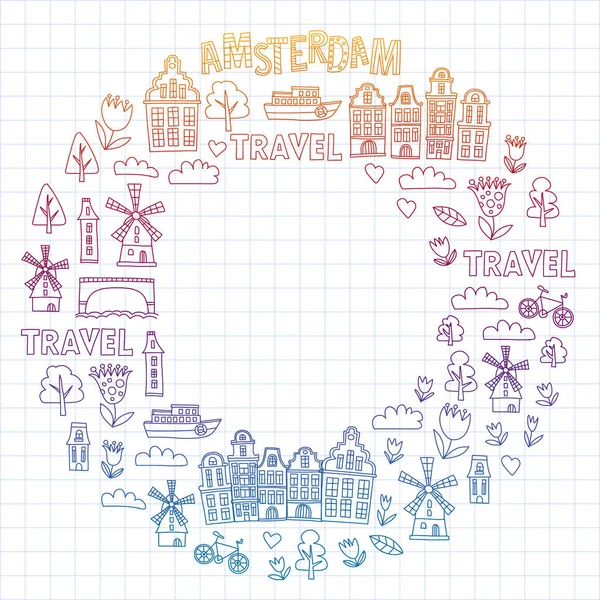 Vektormuster mit holländischen, niederländischen und amsterdam-Symbolen. Doodle-Stil. — Stockvektor