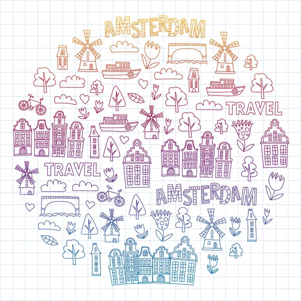 Vektormuster mit holländischen, niederländischen und amsterdam-Symbolen. Doodle-Stil. — Stockvektor