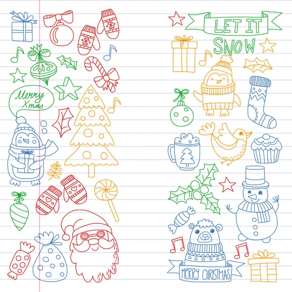 Jul-elementet i doodle kids ritning stil. Vektor mönster. — Stock vektor