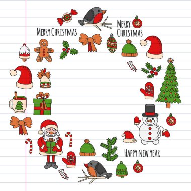 Noel öğe çizim stili doodle Kids. Vektör desen.