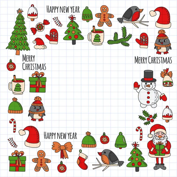 Kerst element in doodle kinderen tekenen stijl. Vector patroon. — Stockvector