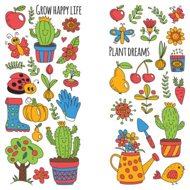Cute gardening. Icons for banners. Vector pattern for backgrounds.