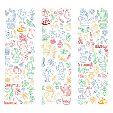 Cute gardening. Icons for banners. Vector pattern for backgrounds.