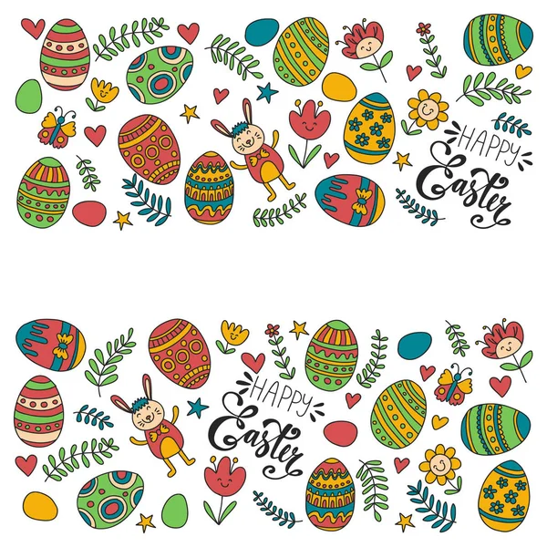 Feliz Pascua. Patrón vectorial con huevos, conejito, flores . — Vector de stock