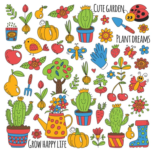 Cute gardening. Icons for banners. Vector pattern for backgrounds. — Stock Vector