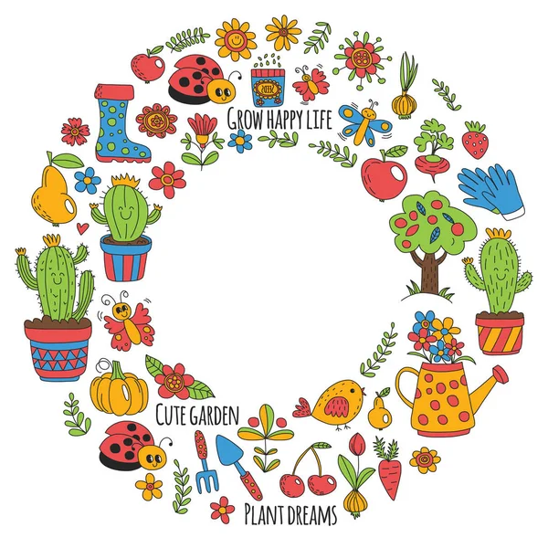 Cute gardening. Icons for banners. Vector pattern for backgrounds. — Stock Vector