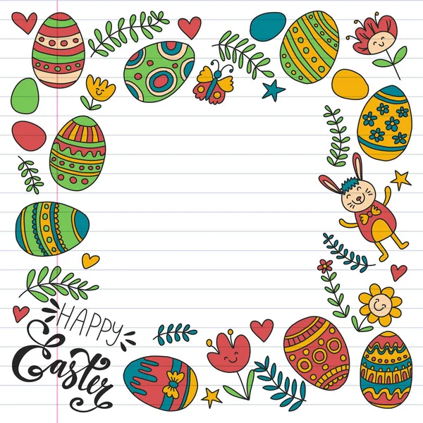 Happy Easter. Vector pattern with eggs, bunny, flowers. — Stock Vector