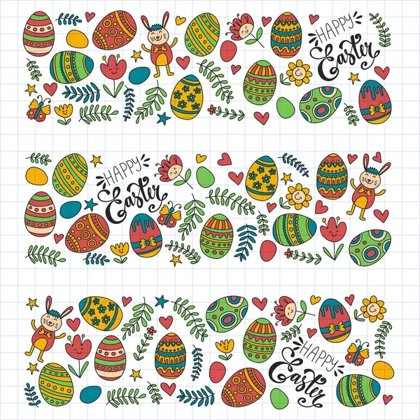 Feliz Páscoa. Padrão de vetor com ovos, coelho, flores . — Vetor de Stock