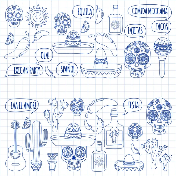 Messico schema vettoriale. Il Giorno dei Morti. Icone per poster, striscioni, sfondi . — Vettoriale Stock