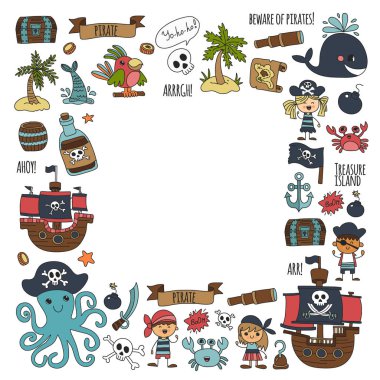 Vektör desen ile korsan kutsal kişilerin resmi. Macera, doğum günü partisi.