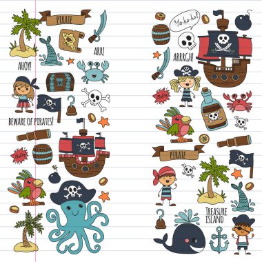 Vektör desen ile korsan kutsal kişilerin resmi. Macera, doğum günü partisi.