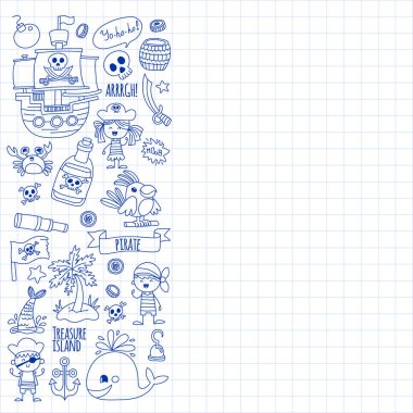 Vektör desen ile korsan kutsal kişilerin resmi. Macera, doğum günü partisi.