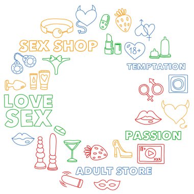 Vektör seks shop kutsal kişilerin resmi ile ayarla. Erotik fetiş Oyunlar arka plan.