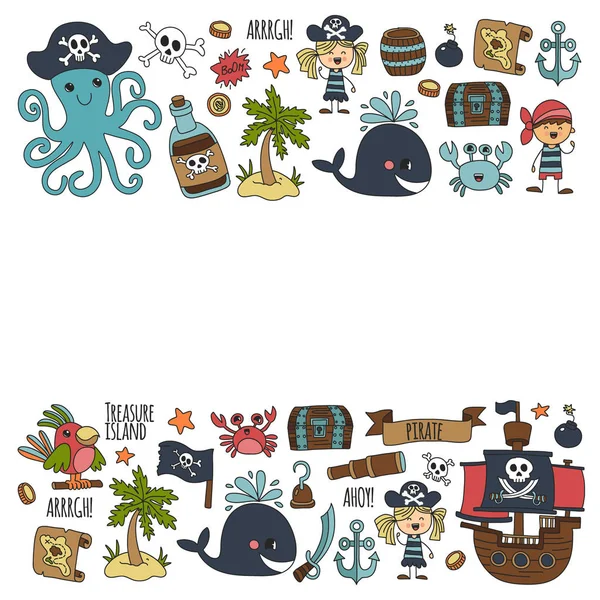 Patrón vectorial con iconos piratas. Aventura, fiesta de cumpleaños . — Vector de stock