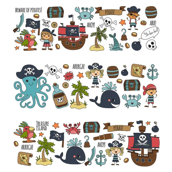 Patrón vectorial con iconos piratas. Aventura, fiesta de cumpleaños . — Vector de stock