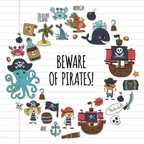 Modèle vectoriel avec des icônes pirates. Aventure, fête d'anniversaire . — Image vectorielle