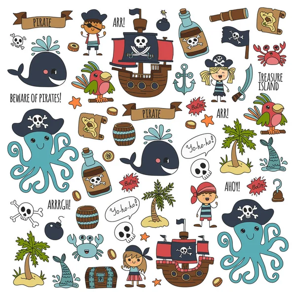 Modèle vectoriel avec des icônes pirates. Aventure, fête d'anniversaire . — Image vectorielle