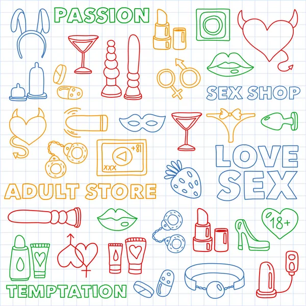 Vector set met seks shop pictogrammen. Erotisch fetish spelletjes achtergrond. — Stockvector