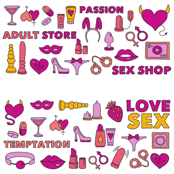 Vector set with sex shop icons. Erotic fetish games background. — Stock Vector