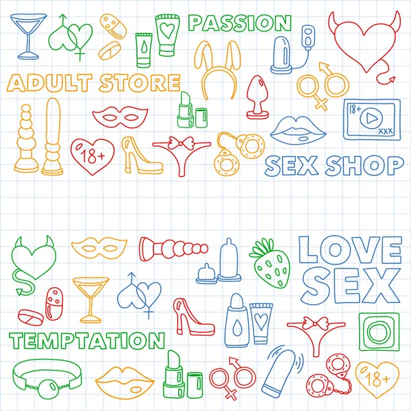 Vektor szex shop ikonok beállítása. Erotikus fétis játékok háttér. — Stock Vector